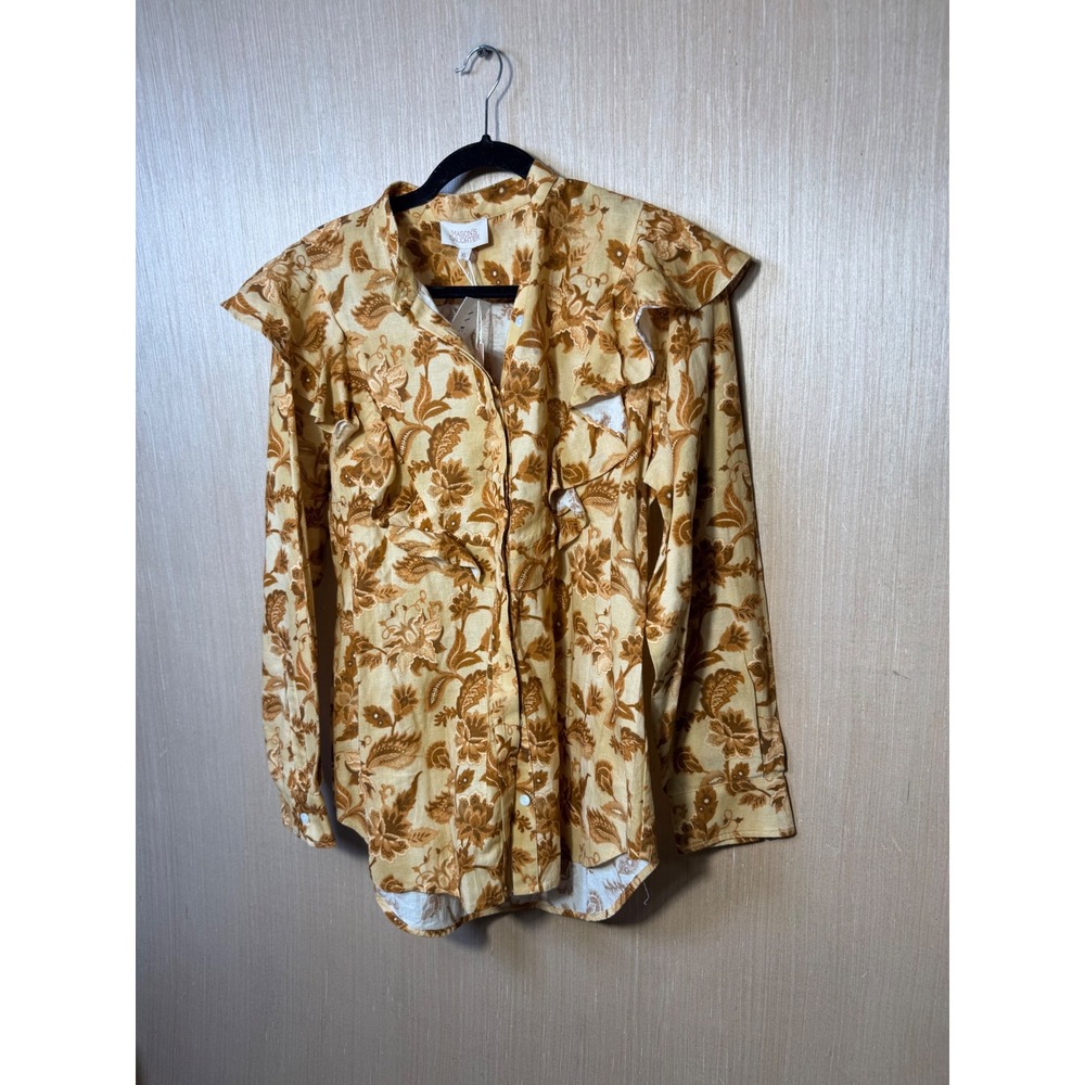 Mason's Daughter XL $298 Yellow Floral Linen Cotton Ruffle Shoulder Button Down